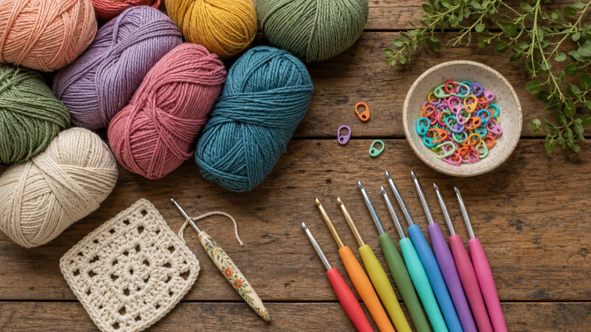 a flat lay of colorful crochet yarn skeins, hooks, and stitch markers…