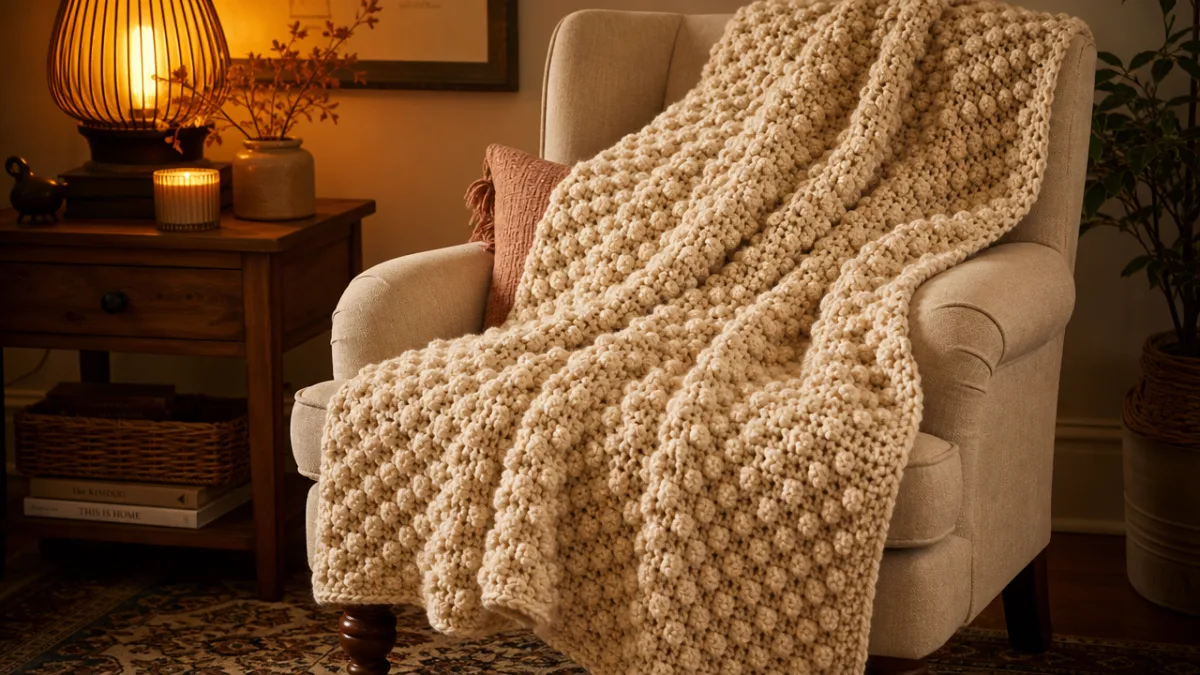 a cozy styled vignette showing a handmade popcorn stitch throw blanket draped…