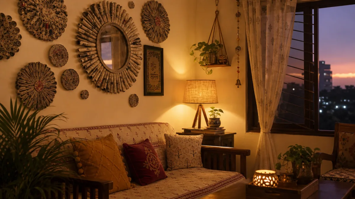 a cozy Indian living room corner with handmade newspaper wall art and…