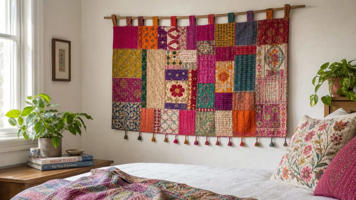 a bright bedroom wall with a colourful handmade fabric wall hanging made…