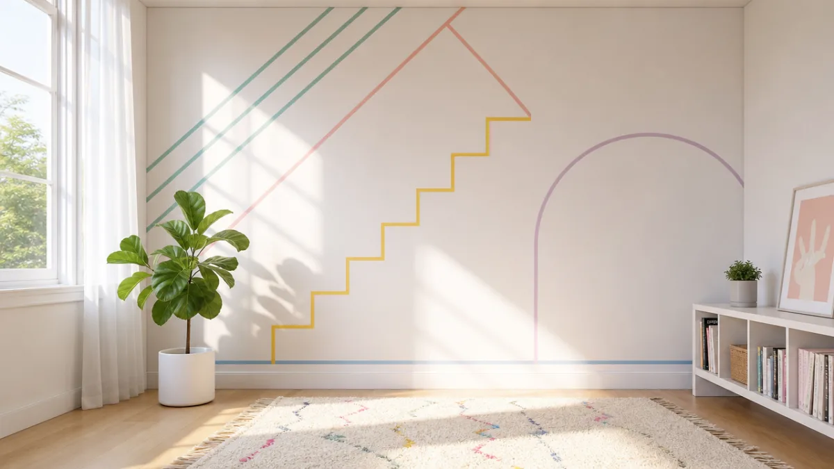 a minimalist white room with colourful washi tape geometric wall art and…