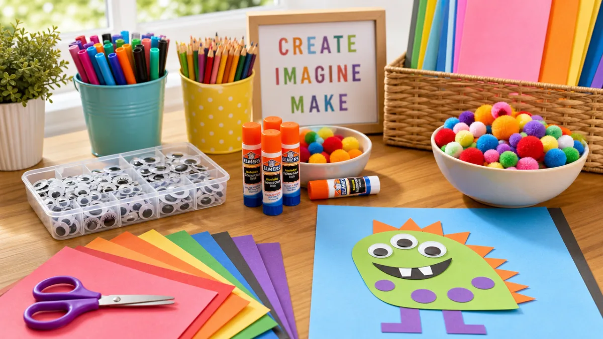 a colorful craft table with construction paper, glue sticks, googly eyes, and…