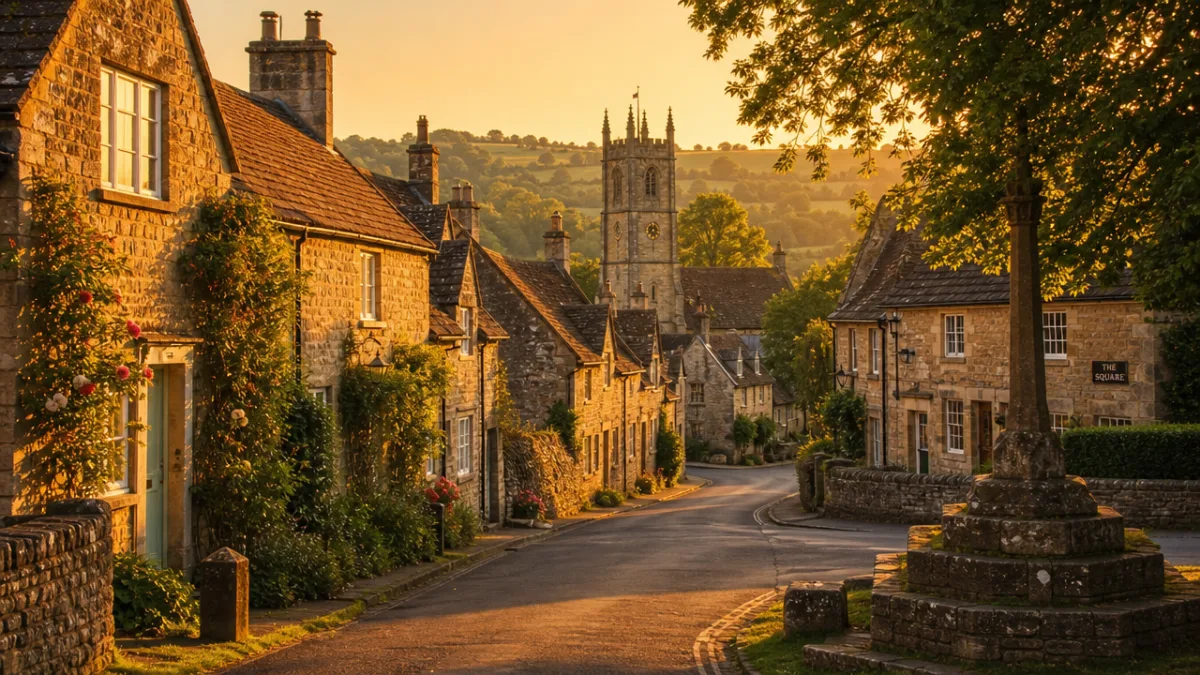 a golden-hour view of an English village with hamstone cottages and a…