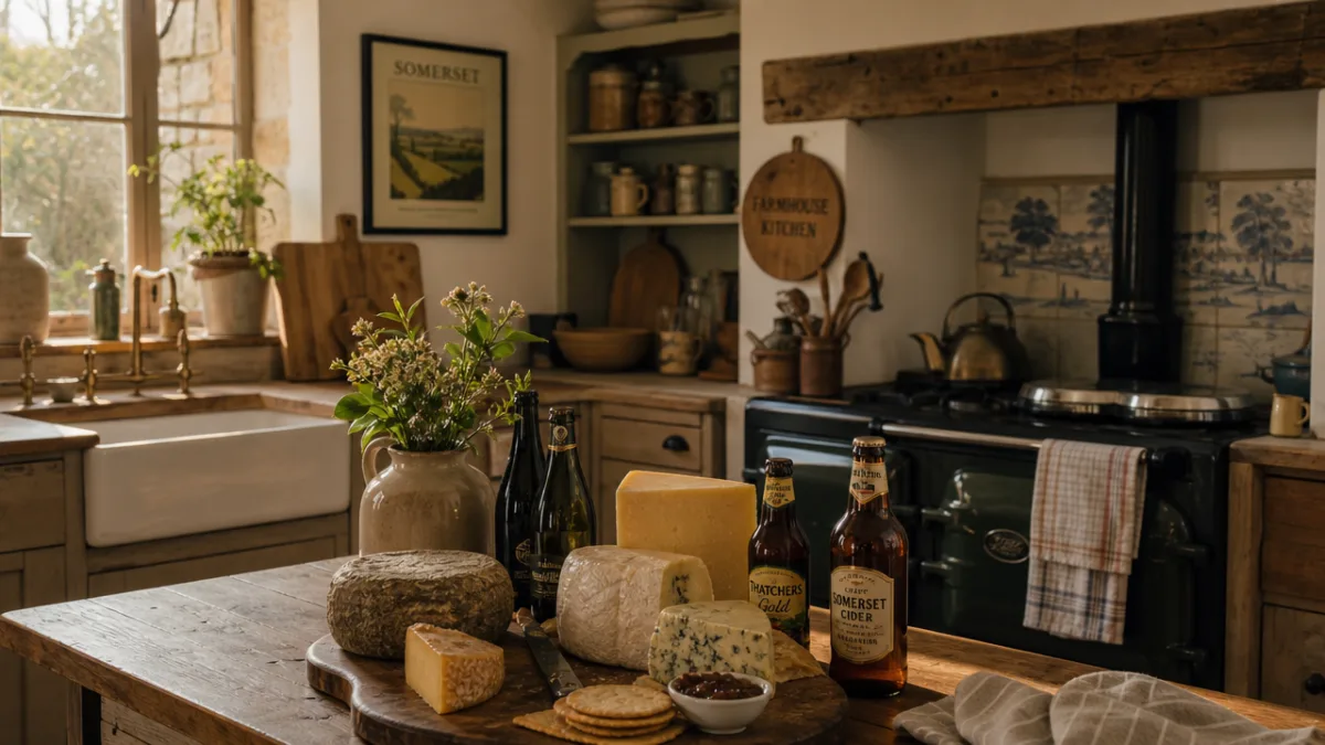a rustic Somerset farmhouse kitchen with local cheeses and cider bottles, soft…