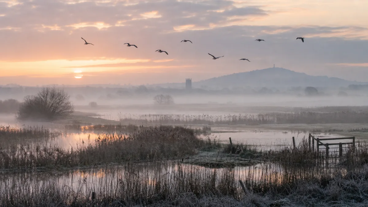 a misty morning over Somerset Levels wetlands with birds in flight, soft…