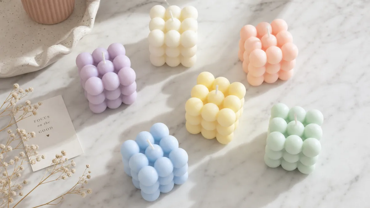 a flat lay of pastel-colored mini bubble candles arranged on white marble,…