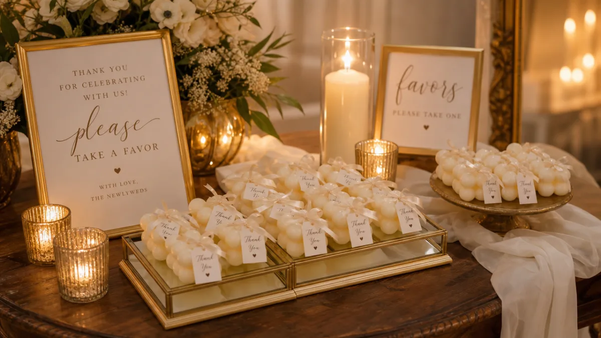 an elegant wedding reception favor table with bubble candles, gold accents, and…