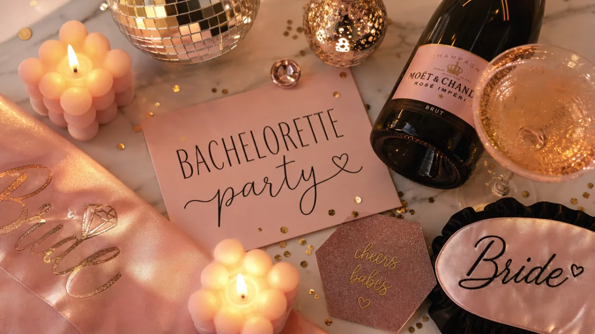 a festive bachelorette party flat lay with bubble candles, champagne, and glitter…