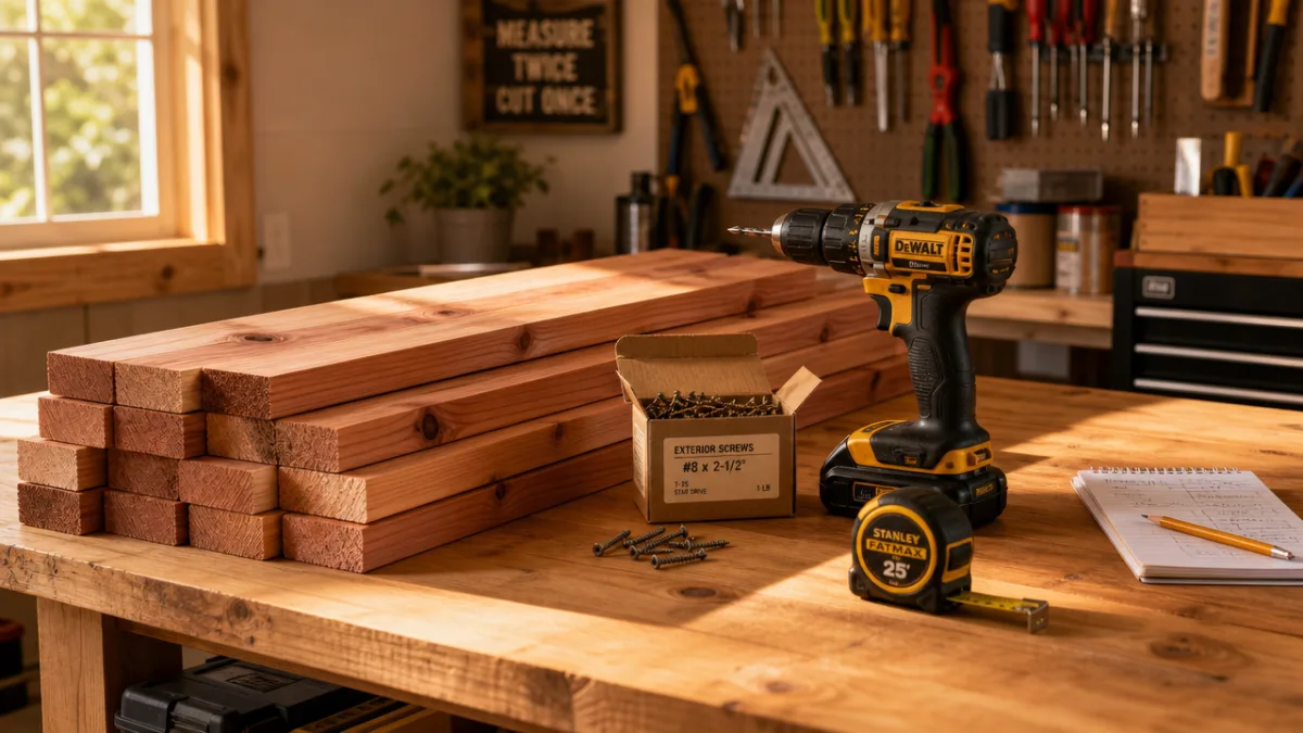 a well-organized workshop table with cedar lumber, screws, a drill, and tape…