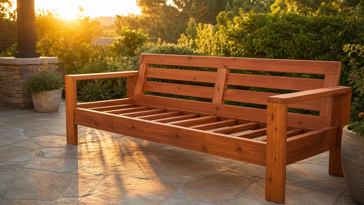 a freshly stained cedar outdoor couch frame on a sunlit patio with…