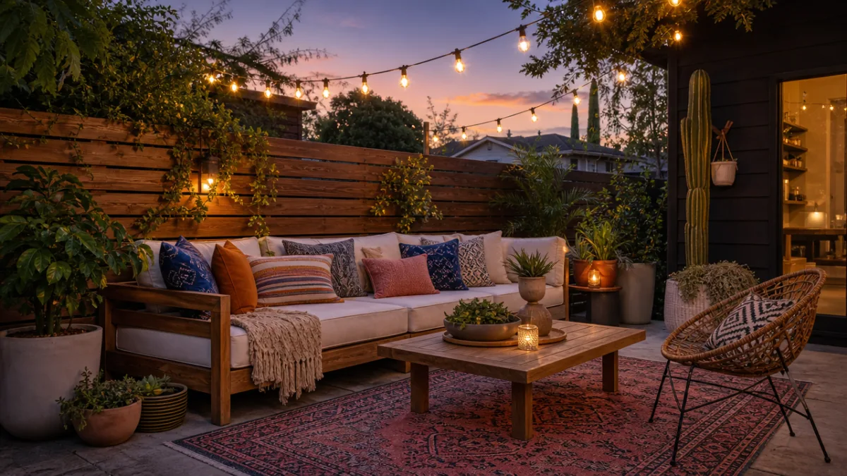 a beautifully styled outdoor patio with a wood couch, colorful cushions, string…