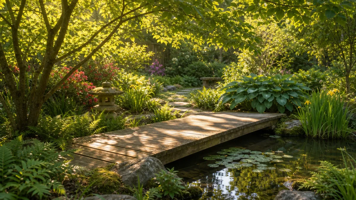 a wooden flat garden bridge over a small pond surrounded by lush…