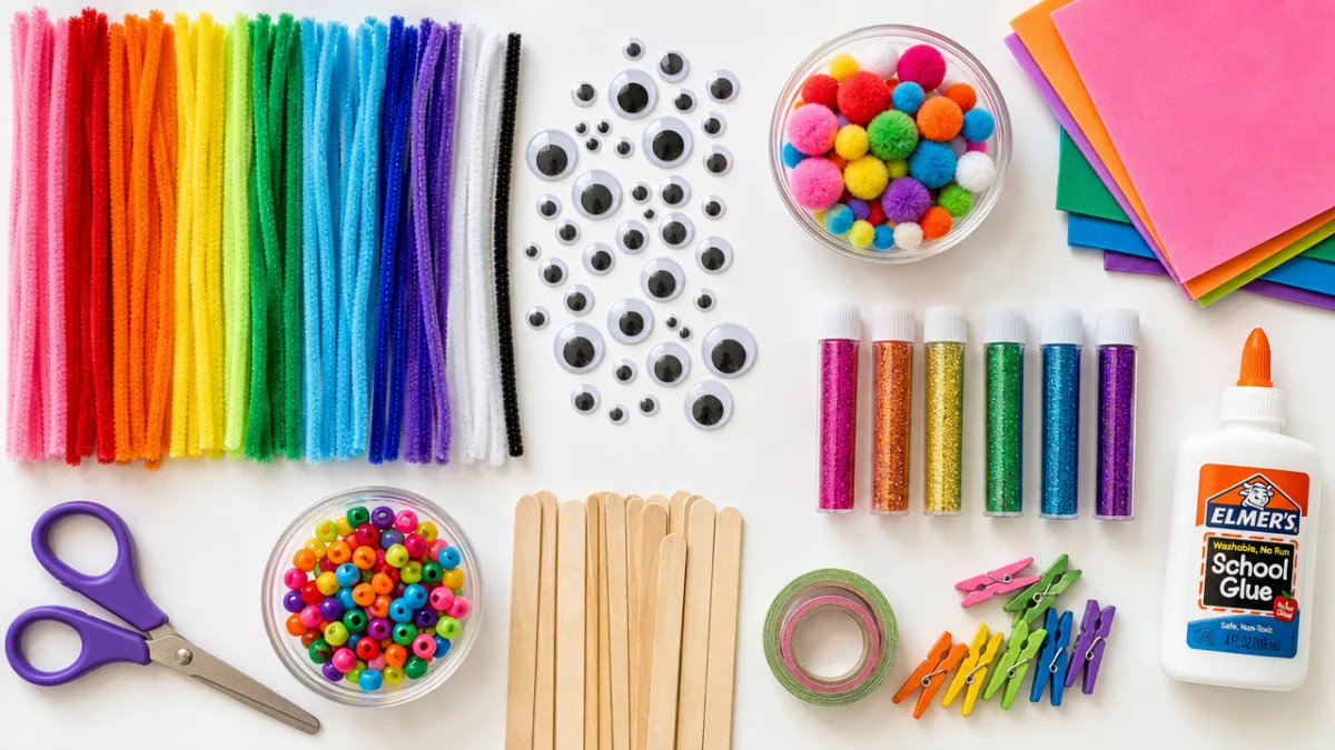 a flat lay of colorful pipe cleaners, googly eyes, and craft supplies…