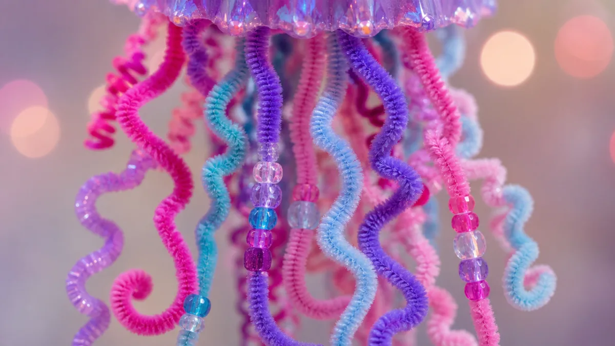 close-up of colorful curled pipe cleaner jellyfish tentacles with beads, soft studio…