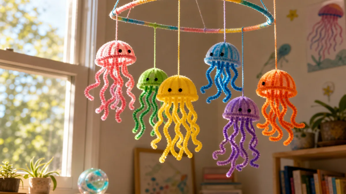 a group of colorful pipe cleaner jellyfish hanging as a mobile near…