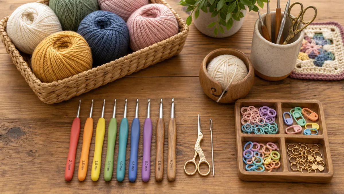 neatly arranged crochet tools including yarn, hooks, and stitch markers on a…