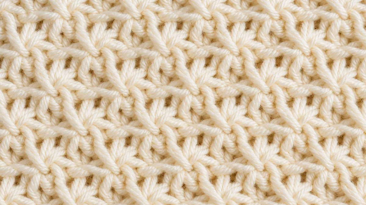 close-up of crocheted star stitch fabric in soft cream yarn showing detailed…