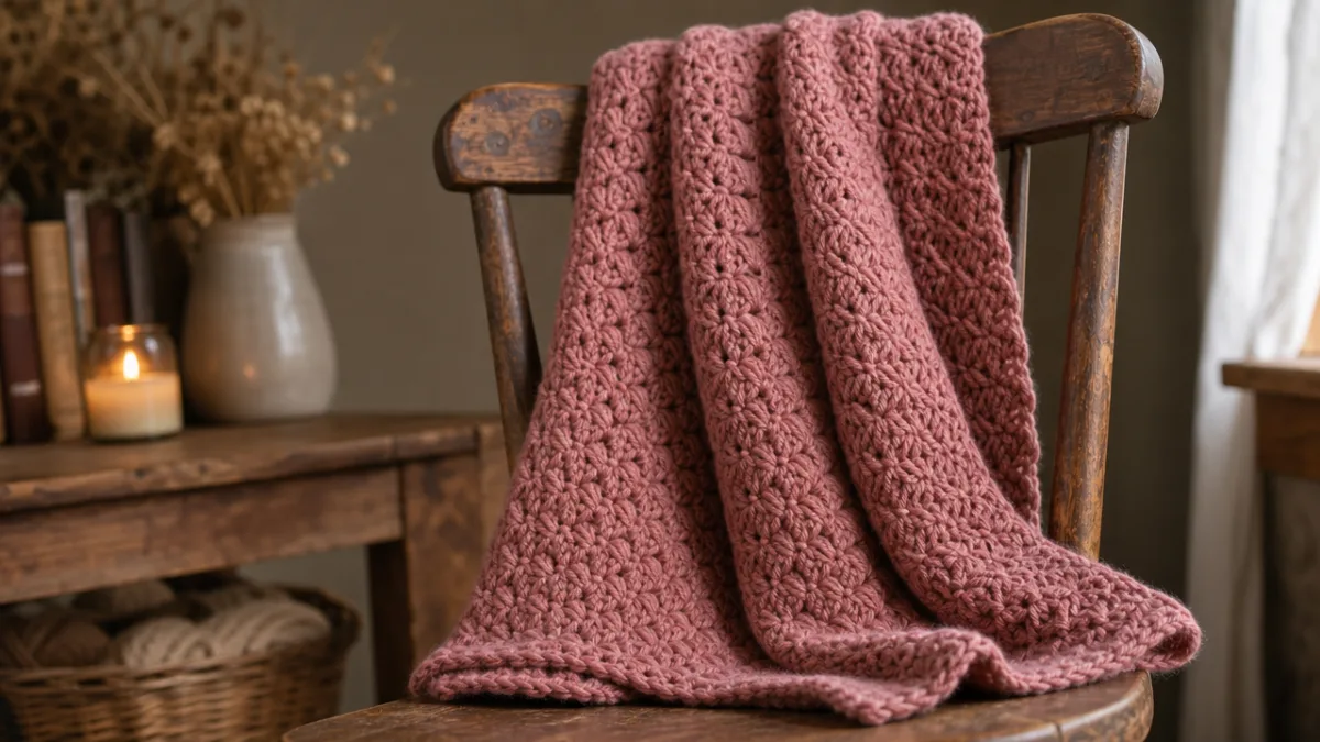 finished crocheted star stitch scarf in dusty rose yarn draped over rustic…
