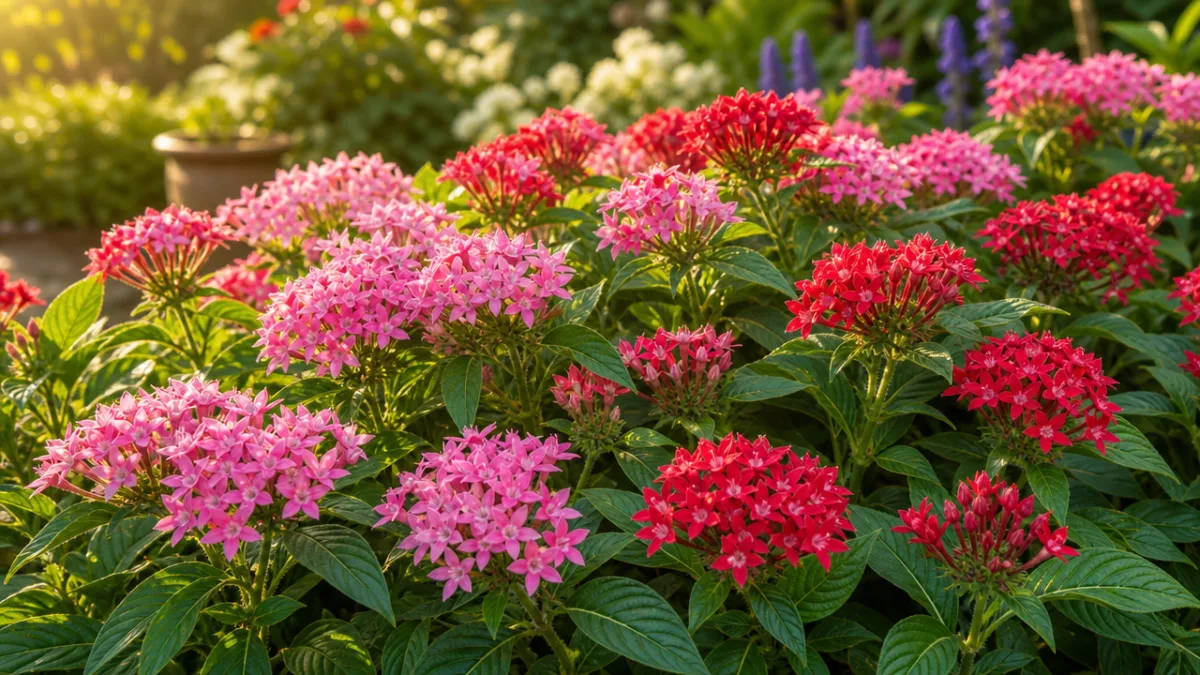 a lush garden bed filled with blooming pentas in pink and red,…