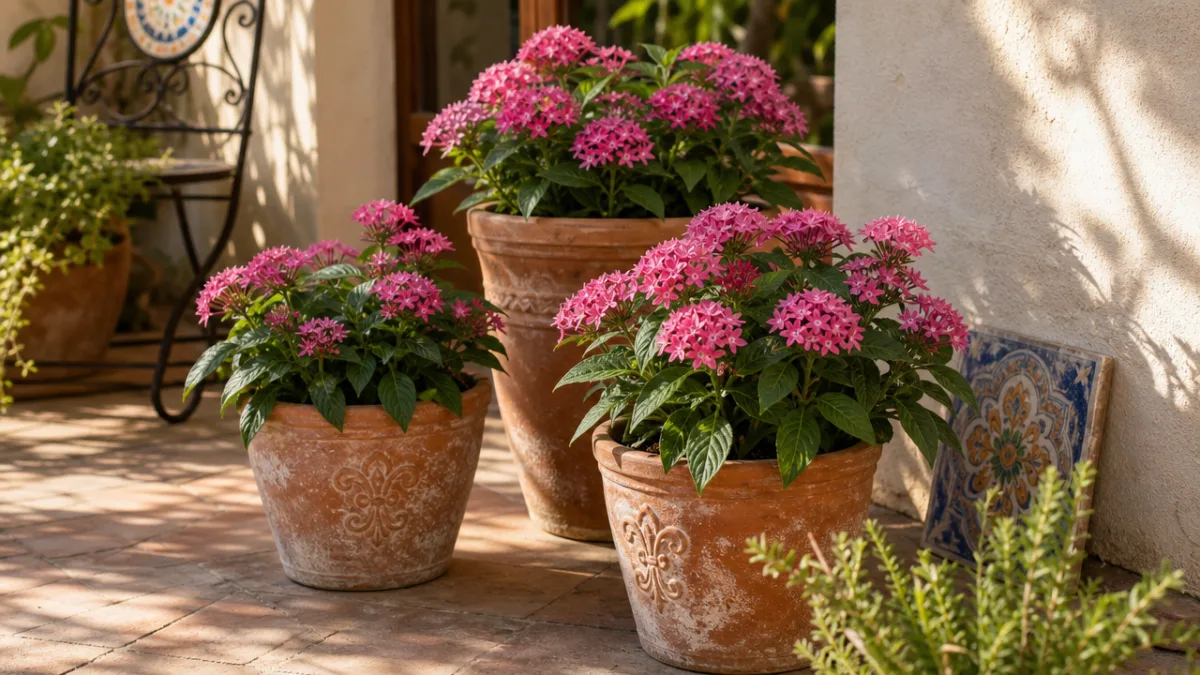 pentas plants growing in rustic terracotta pots on a sunny patio, warm…