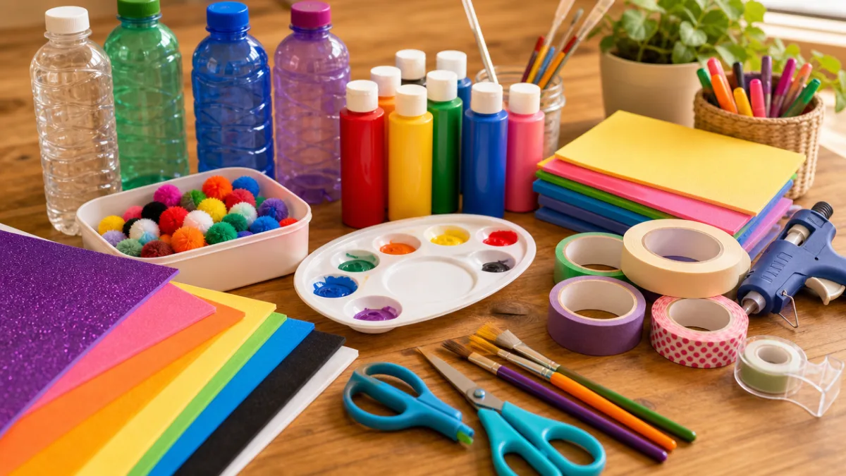 colorful craft supplies including plastic bottles, paint, foam sheets, and tape spread…