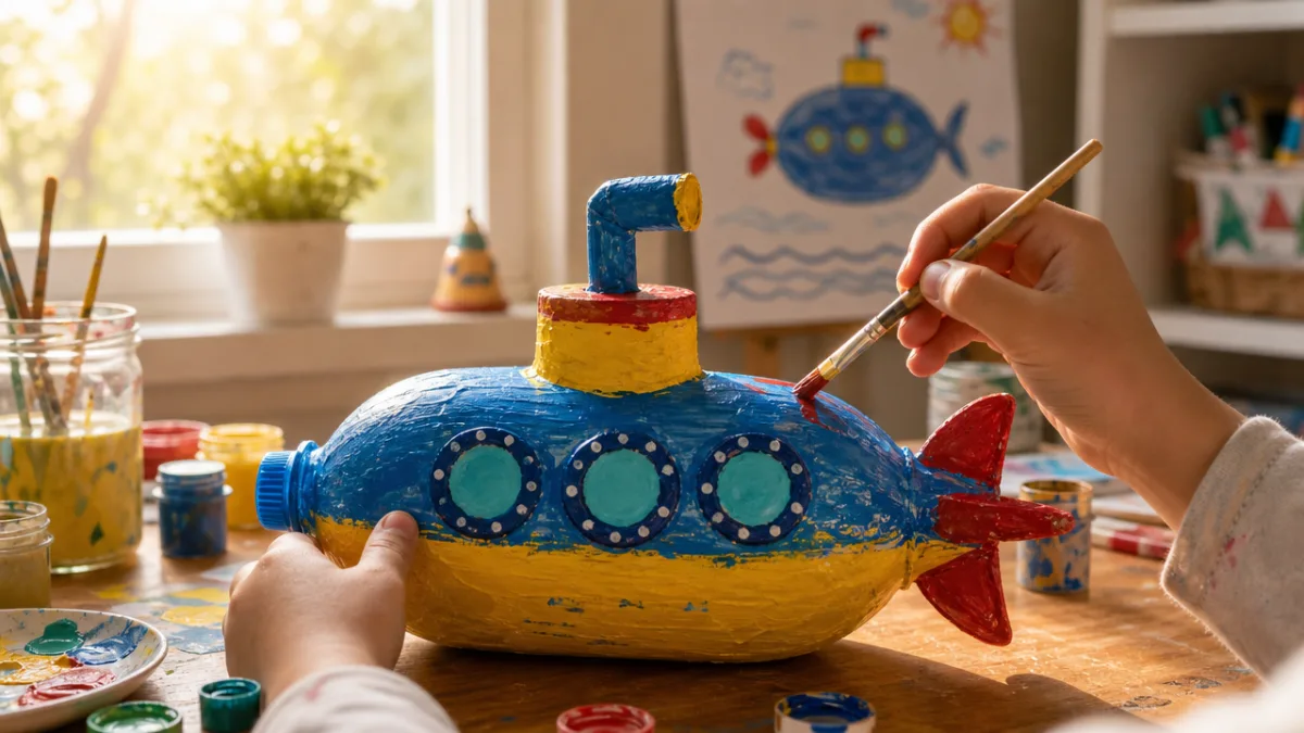 a child's hands painting a colorful DIY submarine made from a plastic…