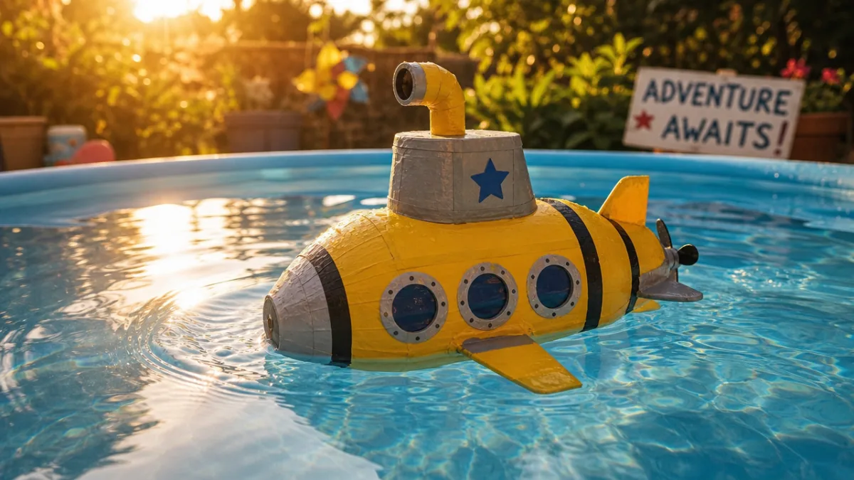 a finished DIY submarine toy floating in a small pool outdoors, golden…