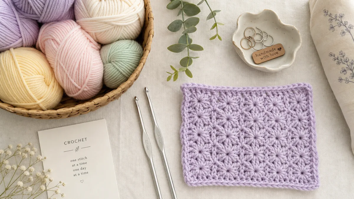 a flat lay of crochet supplies including pastel yarn skeins, silver hooks,…