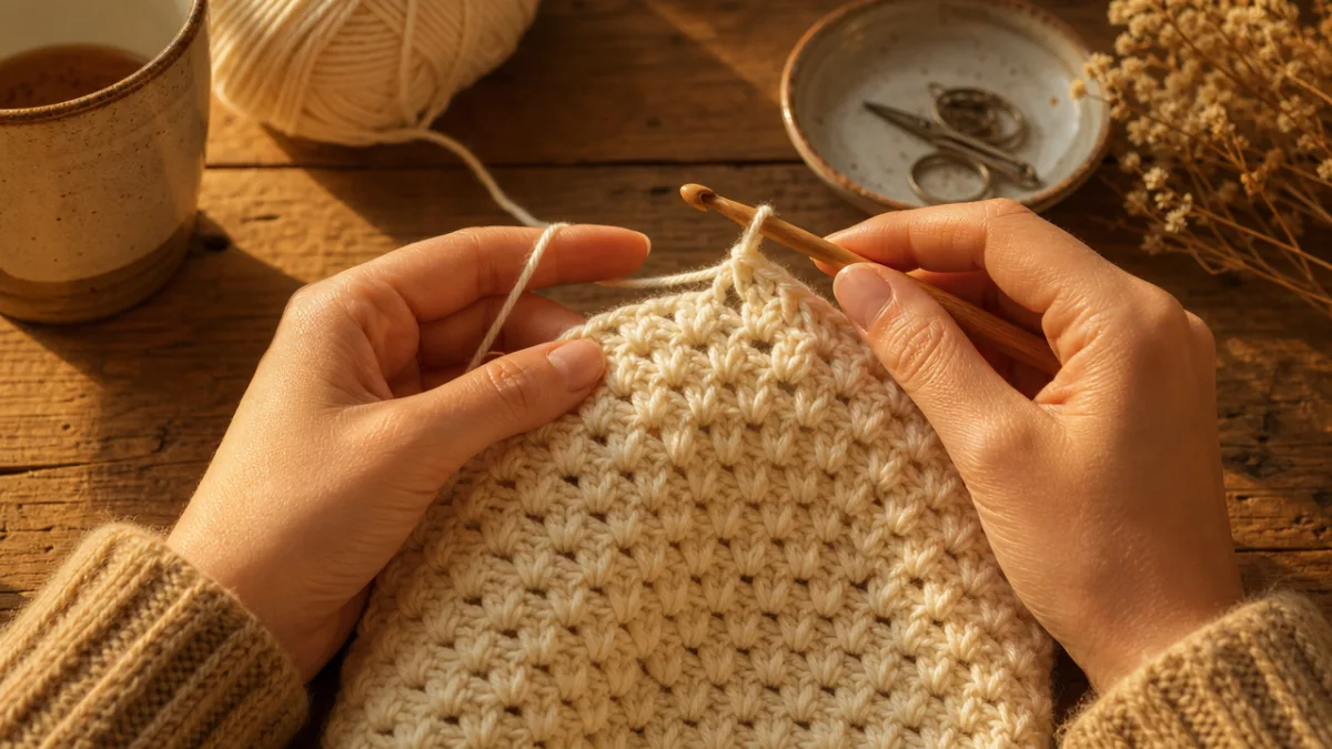 hands crocheting a cream star stitch fabric with a wooden hook, warm…