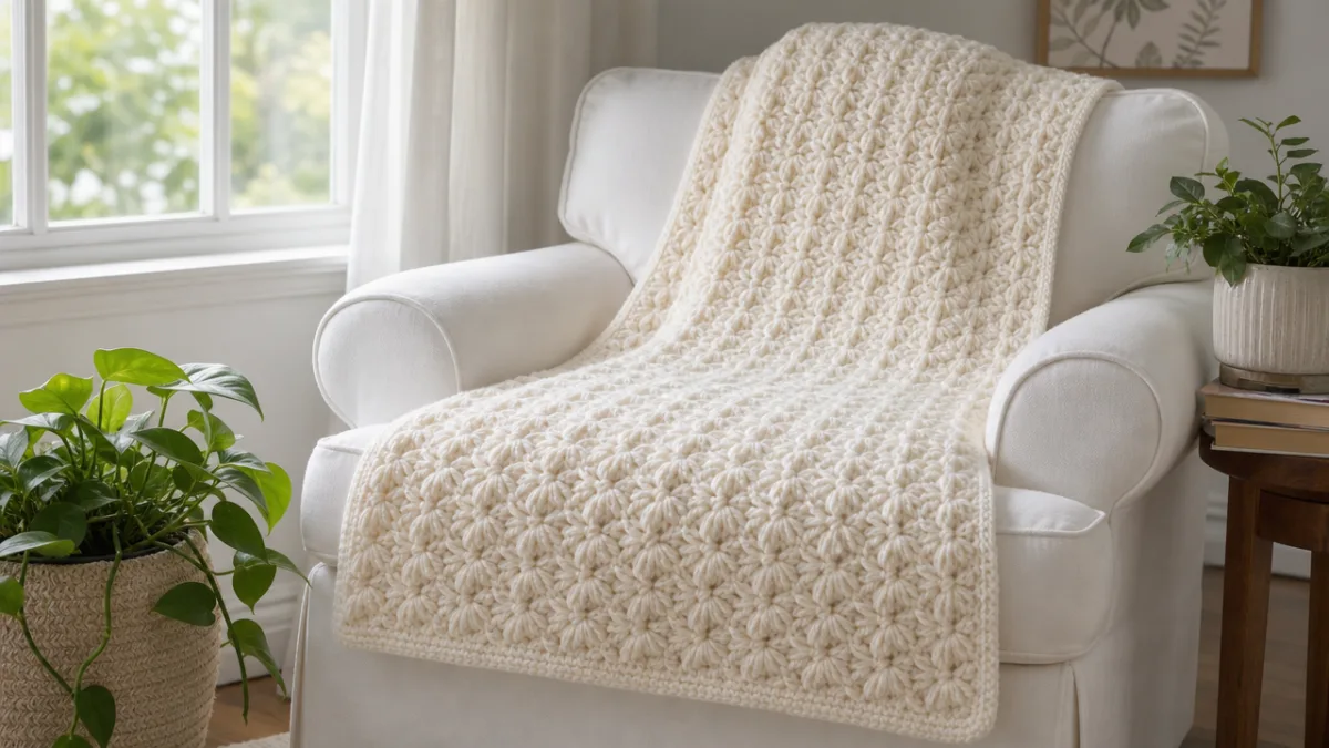 a finished Jasmine stitch cream blanket draped over a white armchair with…