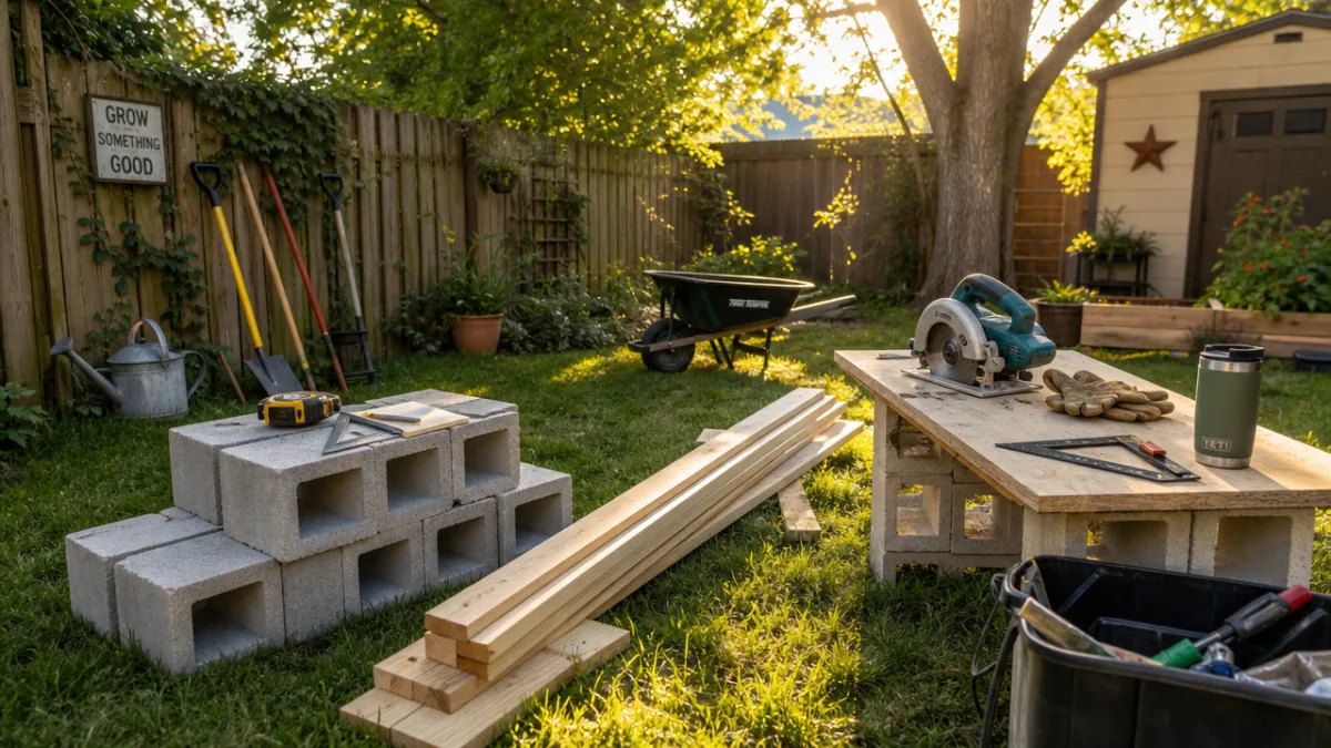 a sunlit backyard workspace with cinder blocks, lumber, and garden tools arranged…