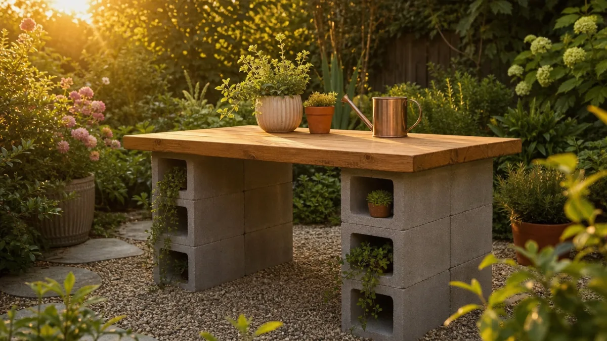a finished cinder block garden table with wood top surrounded by greenery,…