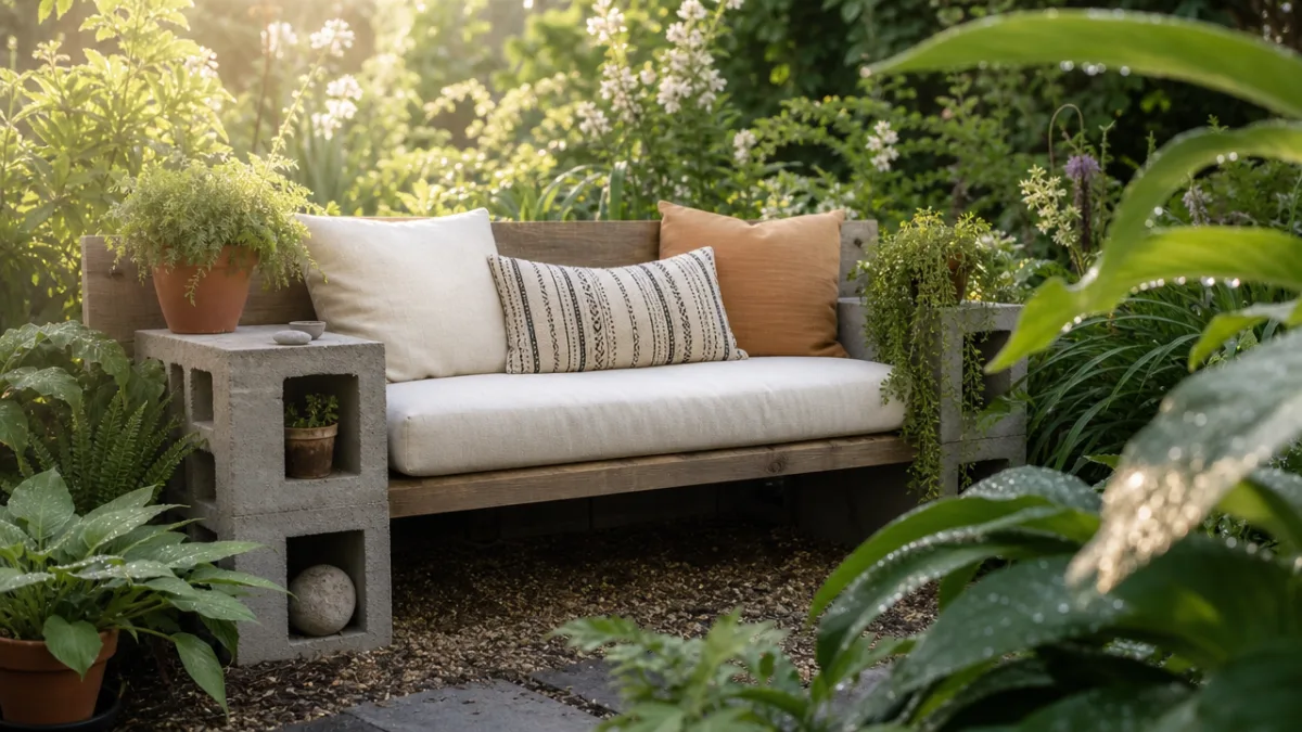 a beautifully styled cinder block bench with cushions in a lush garden…