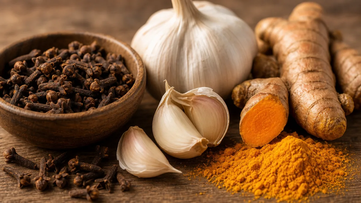 a close-up of natural dental remedy ingredients including cloves, garlic, and turmeric…