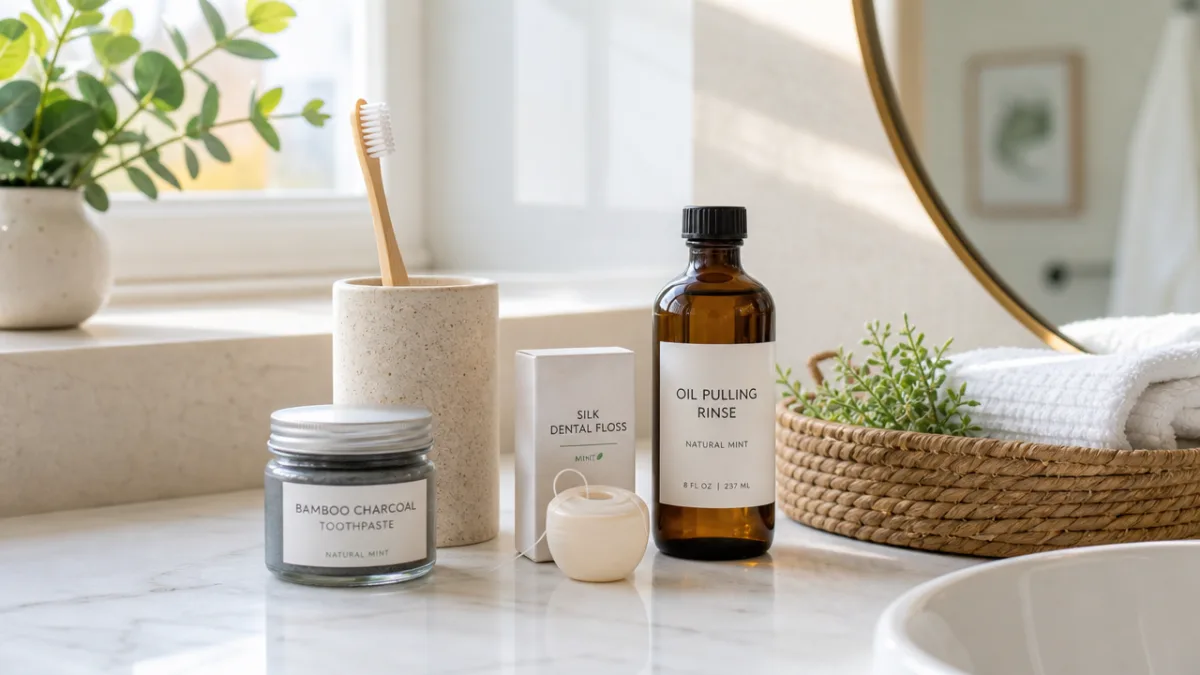 a bright bathroom counter with toothbrush, floss, and natural oral care products…