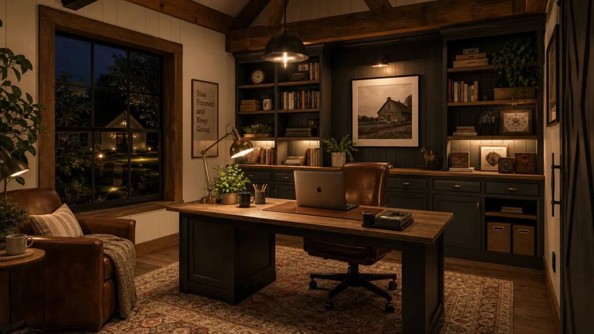a cozy barnhouse-style garden office interior at night, warm lamp light, built-in…