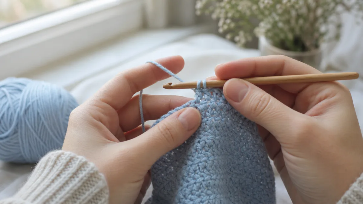 a pair of hands crocheting with a wooden hook and pastel blue…