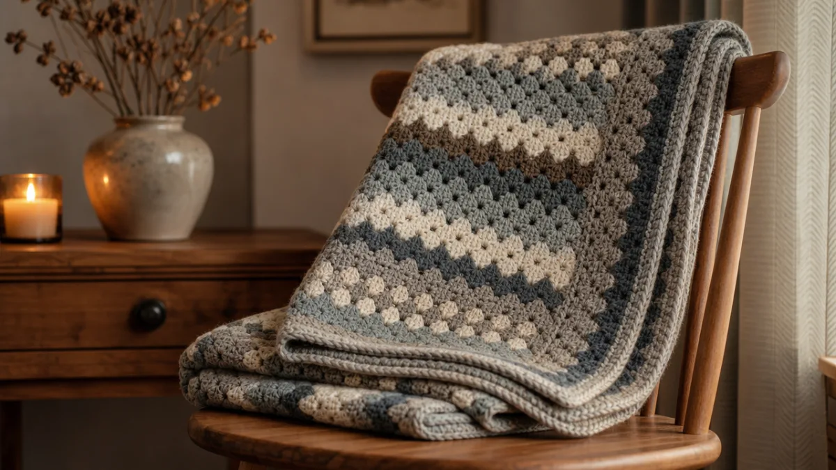 a neatly folded crochet blanket in muted Nordic tones draped over a…