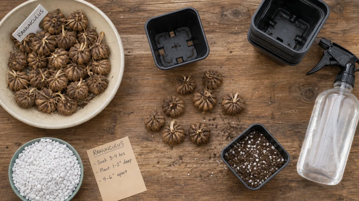 a flat lay of ranunculus corms, small trays, perlite and spray bottle…