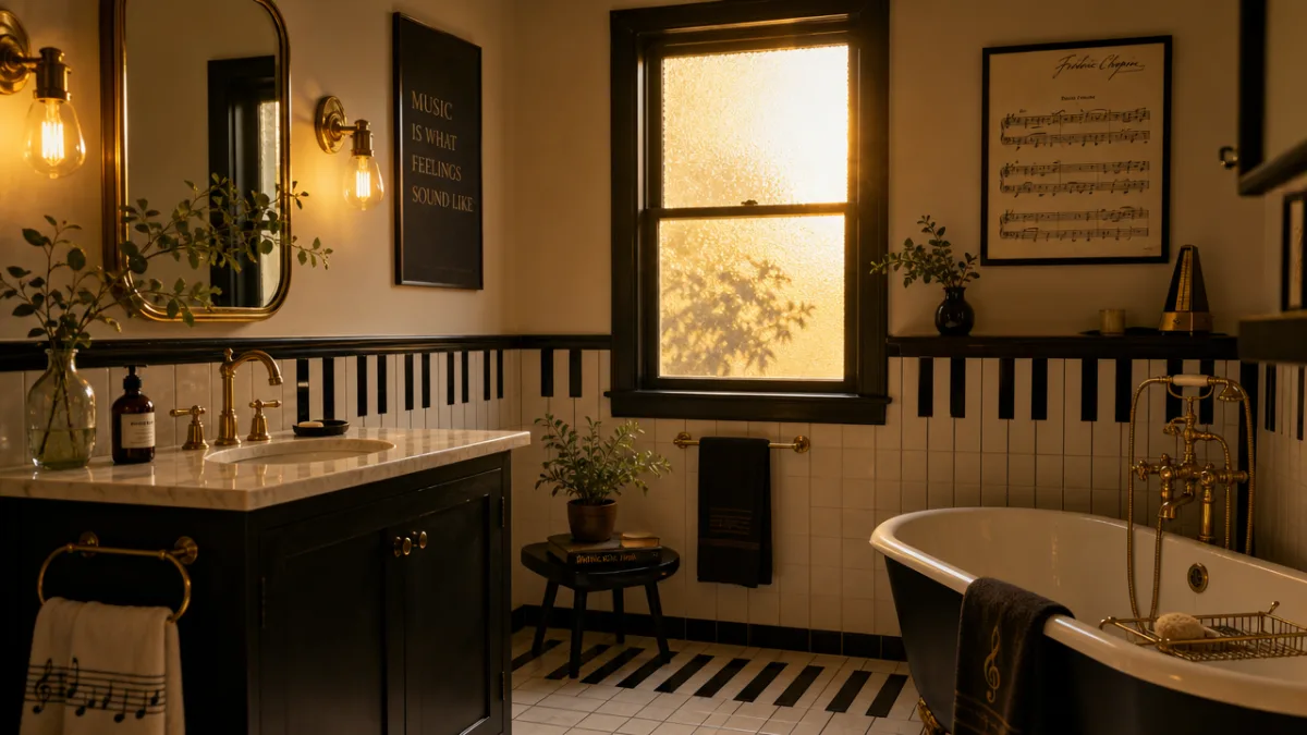 a stylish music-themed bathroom with black and white piano key tiles, warm…