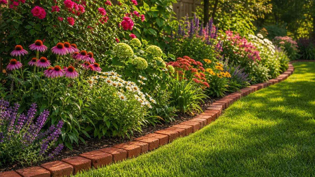 a lush garden border lined with warm red clay bricks on a…