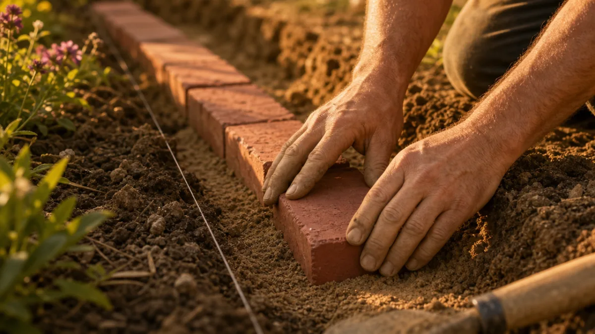 hands pressing a red brick into a sandy garden trench during installation,…