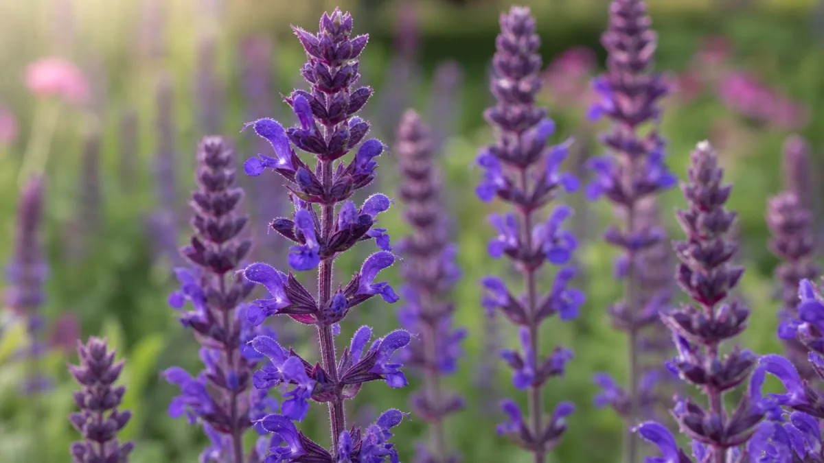 a close-up of Salvia nemorosa 'Amethyst' flower spikes in soft morning light…