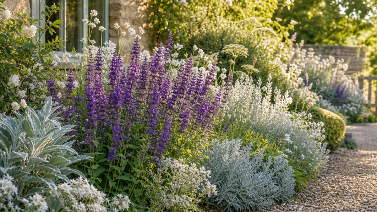 a sunny cottage garden border featuring Salvia 'Amethyst' alongside silver-leaved and white-flowered…