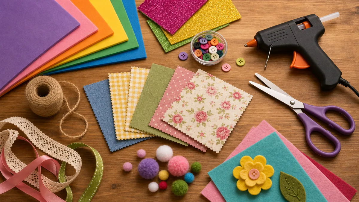 a flat lay of craft supplies including foam, fabric swatches, scissors and…