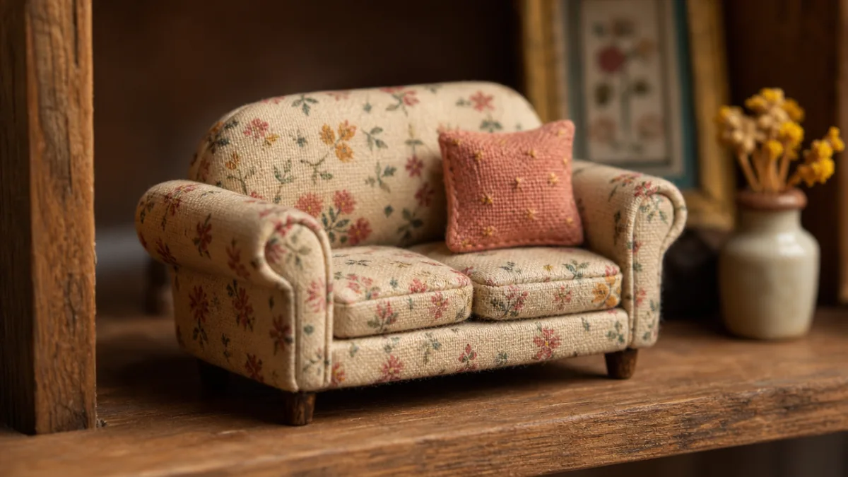 close-up of tiny handmade fabric-covered mini sofa on a wooden shelf, soft…
