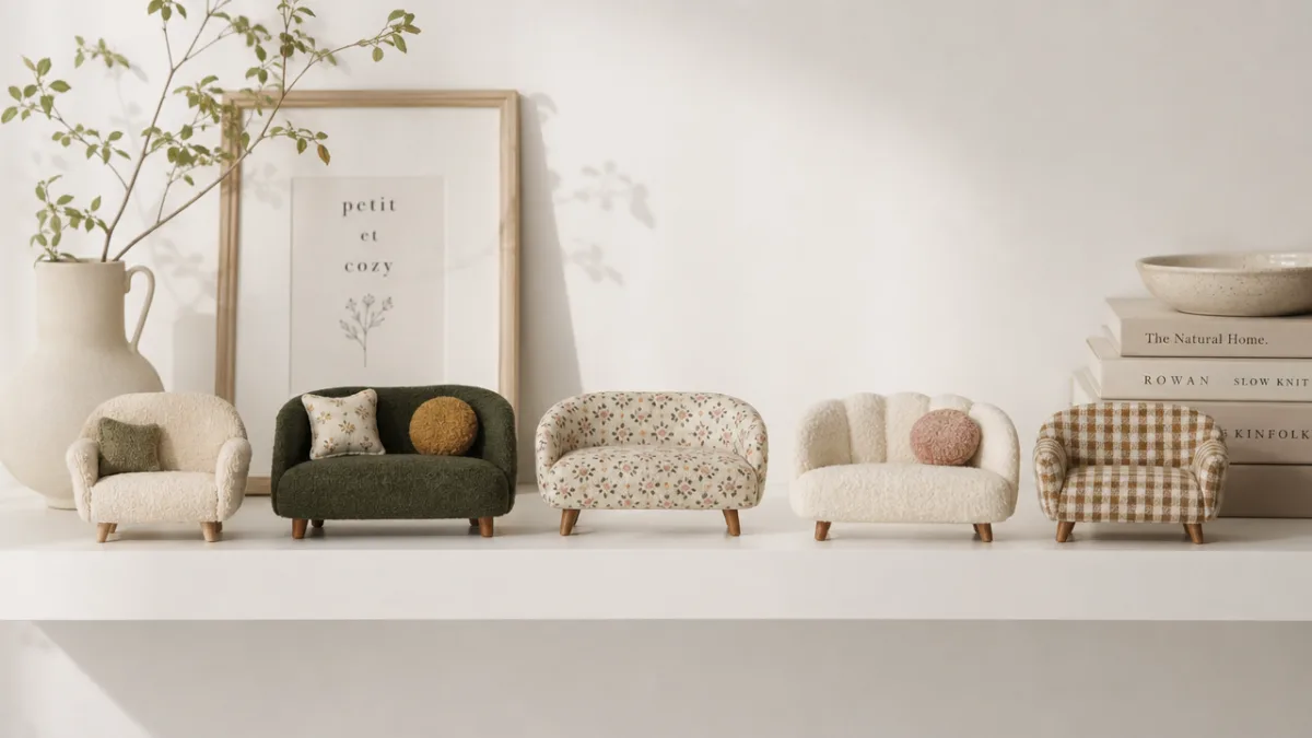 a styled vignette of several mini handmade sofas on a white floating…
