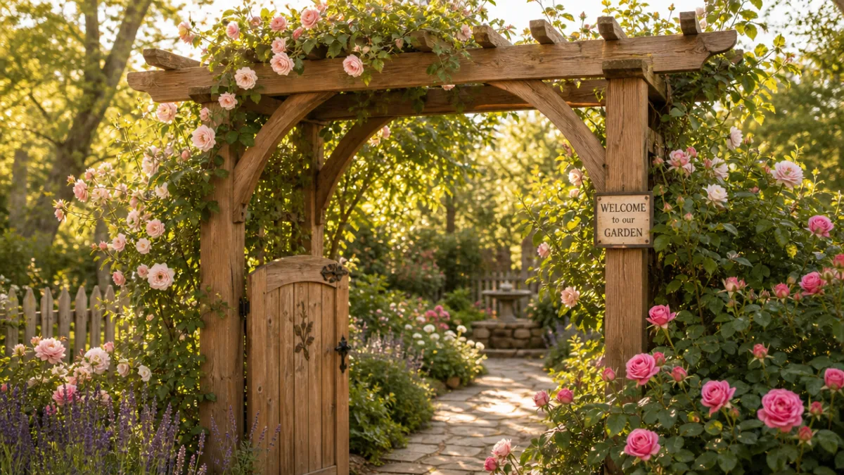 a rustic cedar garden arbor surrounded by blooming roses in soft golden…