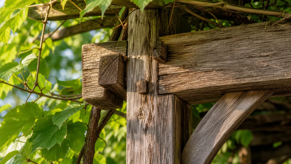 close-up of weathered cedar wood joinery on a garden arbor with climbing…