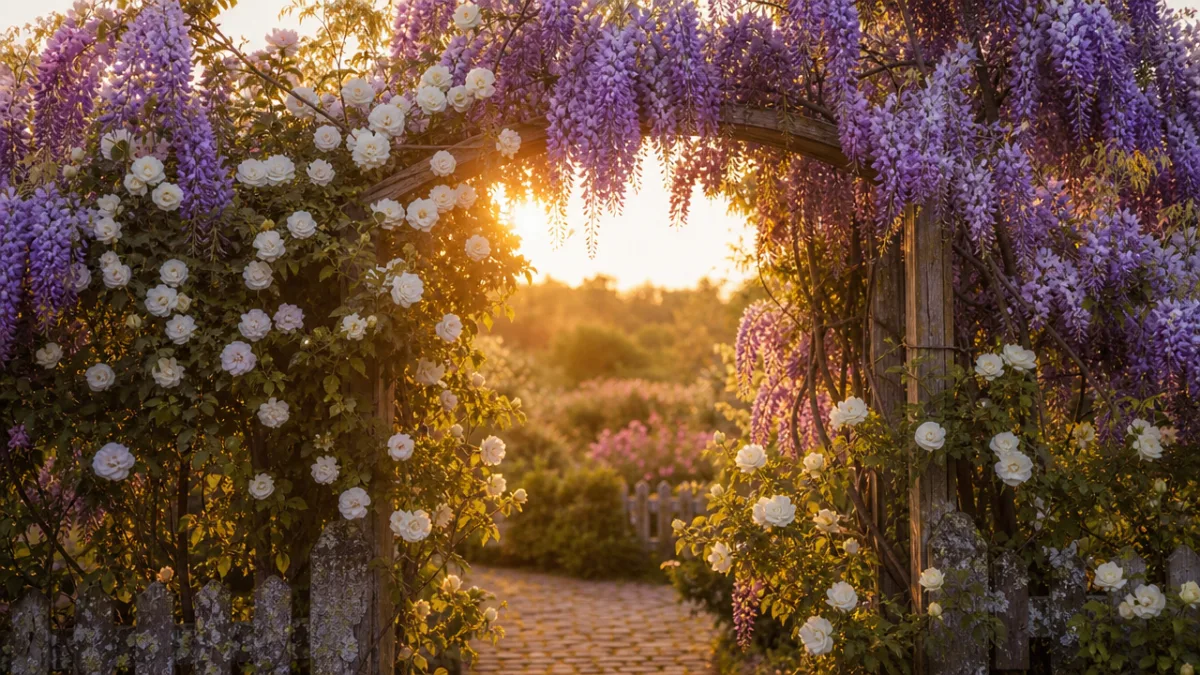 a lush garden arbor covered in purple wisteria and white roses photographed…